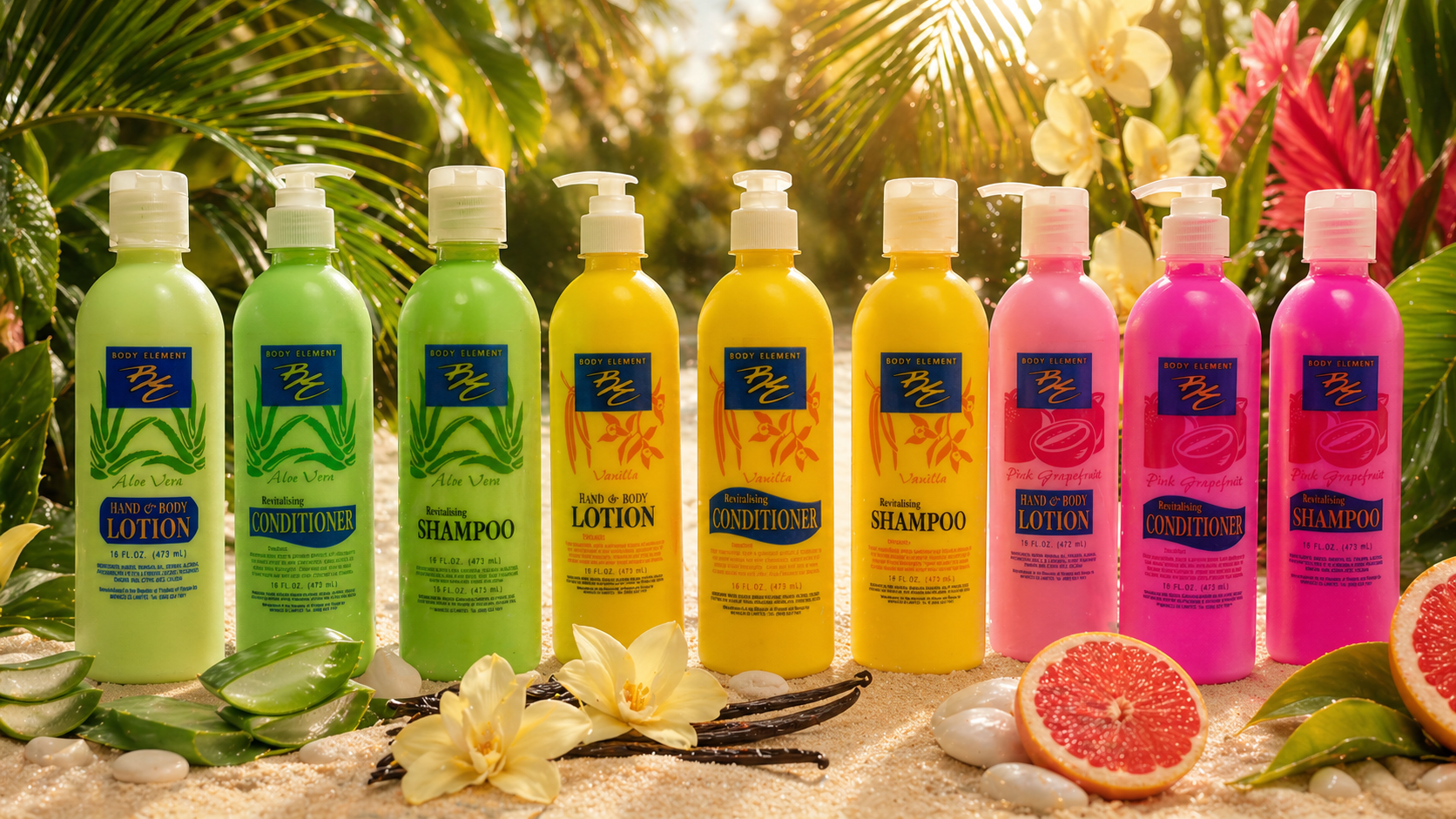 Body Element product range — Aloe Vera, Pink Grapefruit, Vanilla