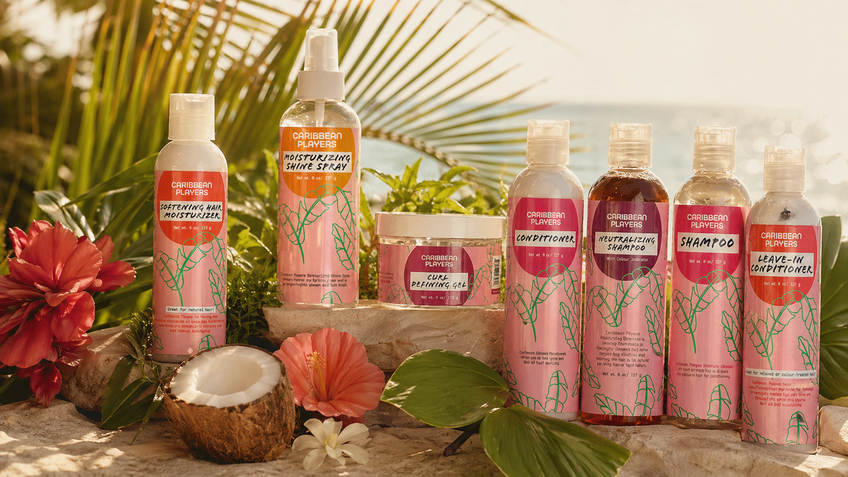 Caribbean Players full product line — Neutralizing Shampoo, Shampoo, Leave-In Conditioner, Conditioner, Moisturizing Shine Spray, Softening Hair Moisturizer, Curl Defining Gel